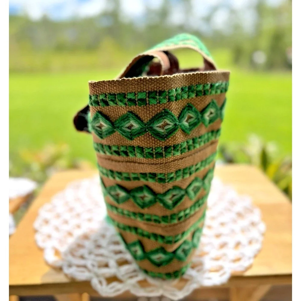 Handmade Woven Boho Hippie Bag Rustic Green Embroidered Geometric Pattern
